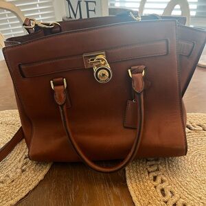 Michael Kors Cognac Leather Satchel with Gold-Tone Lock